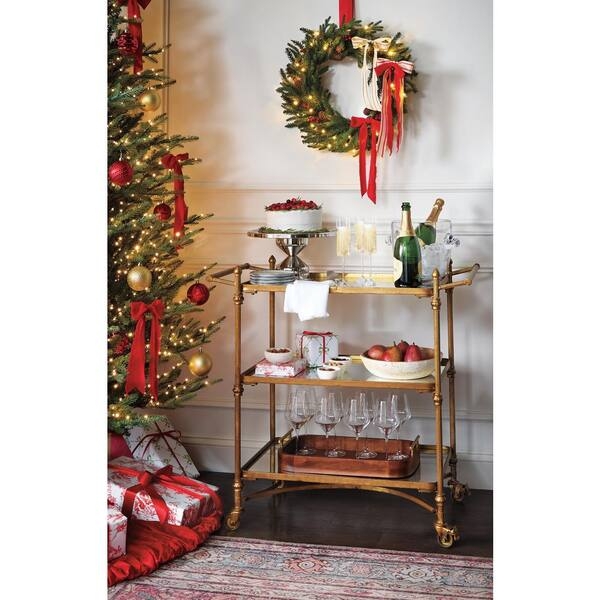 Traditional Brass Bar Cart with Oval Silhouette and Spoked Wheels