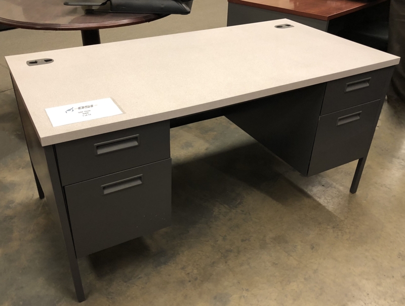 Traditional Gray Metal Desk Workstation, Wood Top, Double Pedestal