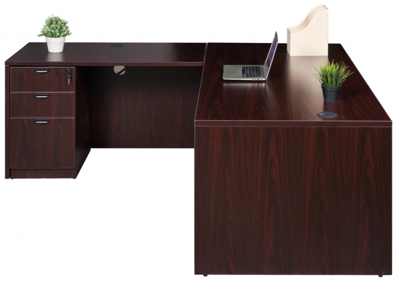 Traditional L-Shaped Desk Mahogany Laminate Dual Drawer Pedestals