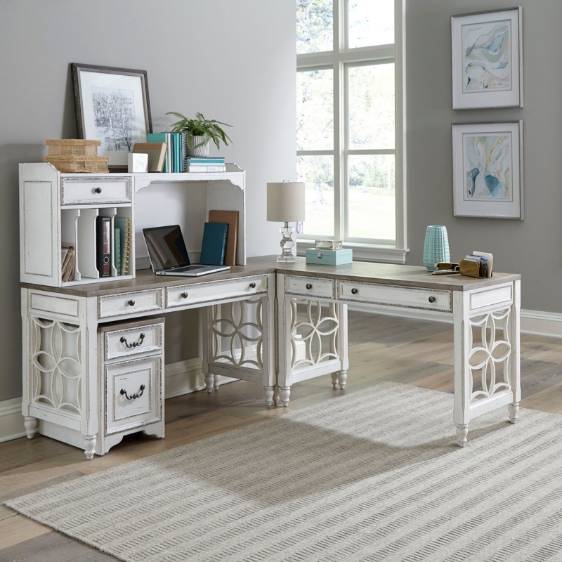 Traditional L-Shaped Desk with Arched Hutch and Beadboard Back