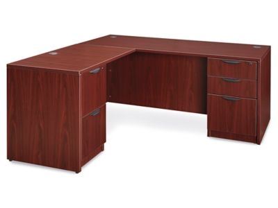 Traditional L-Shaped Desk with Mahogany Finish and Built-in Pedestals
