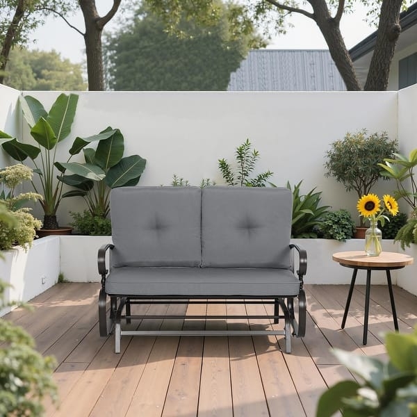 Traditional Outdoor Glider Bench Bronze Metal Brown Mesh Rocker