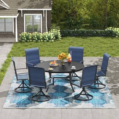 Traditional Patio Dining Set, Bronze Round Table, Swivel Chairs with Cushions.