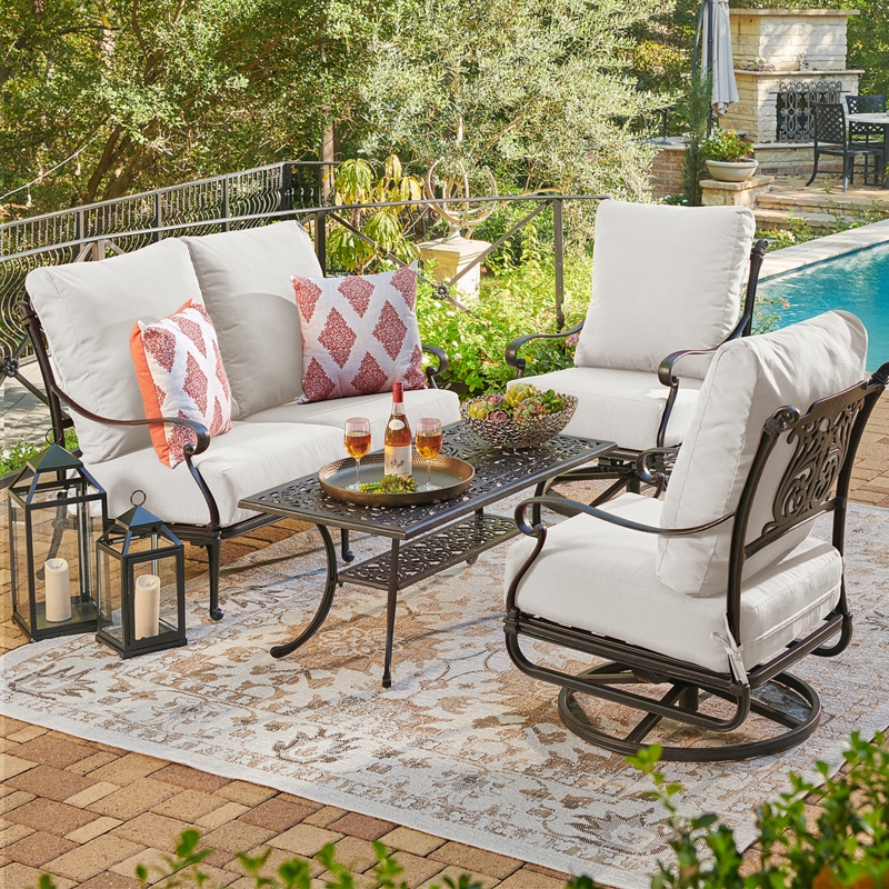 Traditional Patio Seating Set in Cast Aluminum with Swivel Rocker Chairs