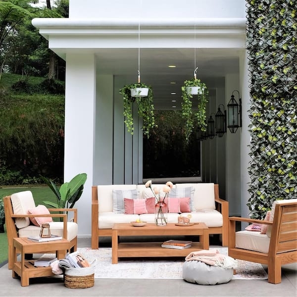 Traditional Patio Set Slatted Wood Frames with White Cushions.