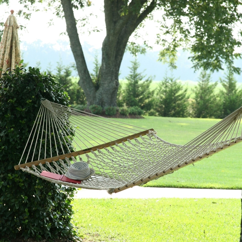 Traditional Rope Hammock Cotton Weave Wood Spreader Bar Coastal Patio