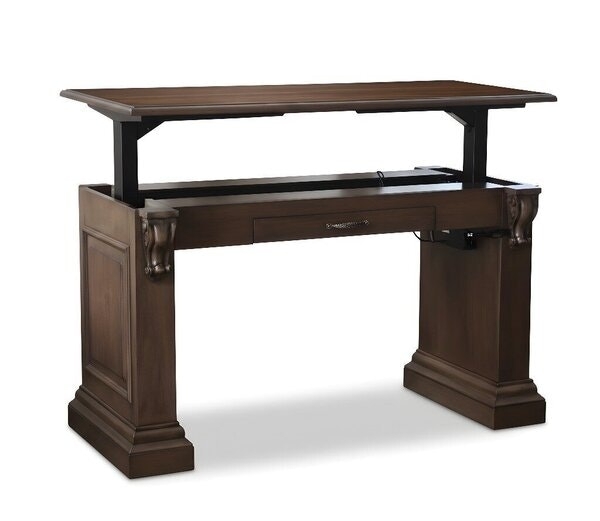 Traditional Standing Desk Dark Wood Built-In Hutch Electric Lift Top