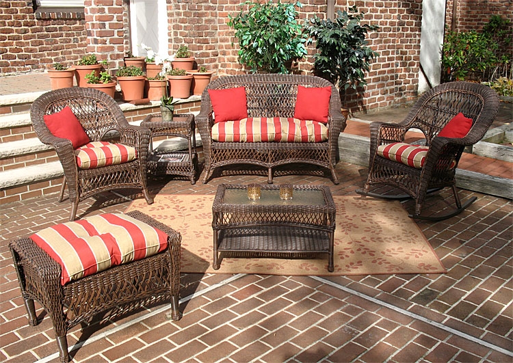 Traditional Wicker Patio Set Rolled Arms Deep Seating Cushions