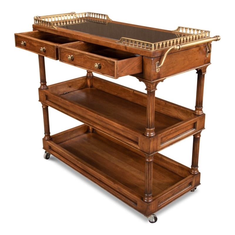 Traditional Wood Bar Cart with Turned Spindle Legs and Fruitwood