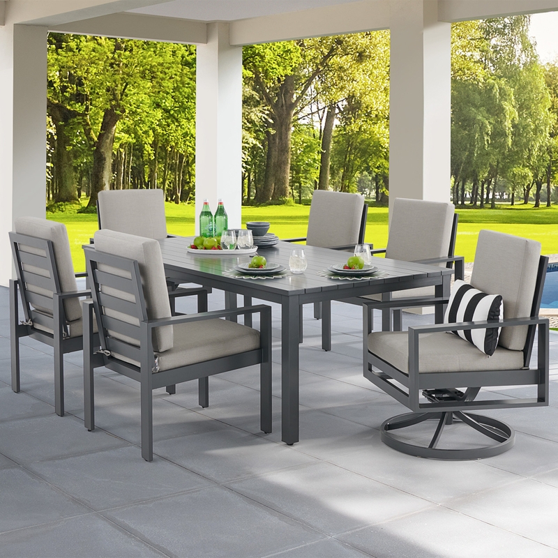 Transitional 7-Piece Outdoor Dining Set Slate Grey Slat Top