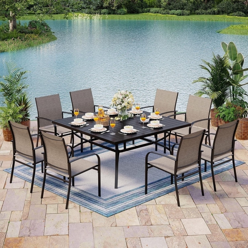 Transitional 9-Piece Outdoor Dining Set Square Slat Top Charcoal Wicker