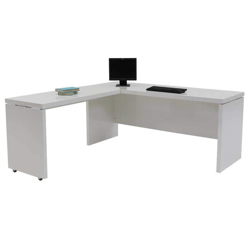 Transitional L-Shaped Desk with Ample Drawer Storage and Silver Hardware