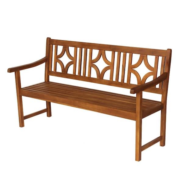 Transitional Outdoor Bench, Curved Slatted Backrest & Warm Wood Finish