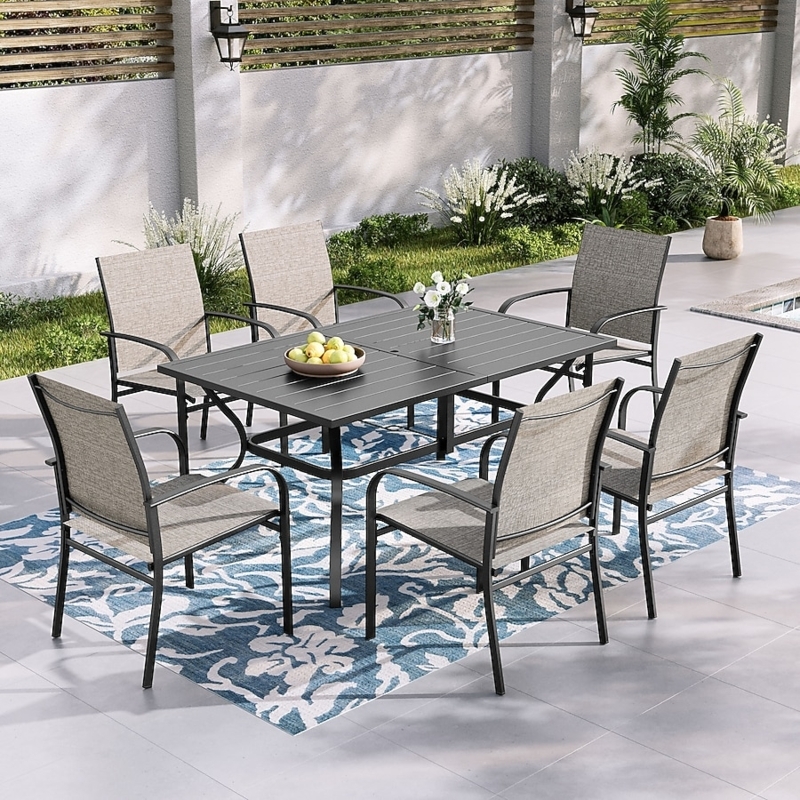 Transitional Outdoor Dining Set: 7-Piece Metal Gray Upholstery