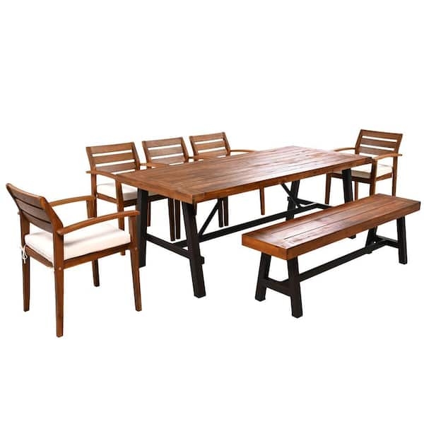 Transitional Outdoor Dining Set, Slatted Wood with Matching Bench, Beige