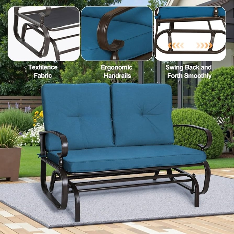 Transitional Outdoor Glider Bench with Peacock Blue Tufted Cushions