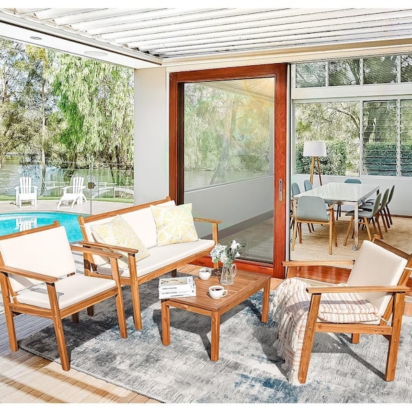 Transitional Outdoor Lounge Area Slatted Wood Cream Cushions Farmhouse