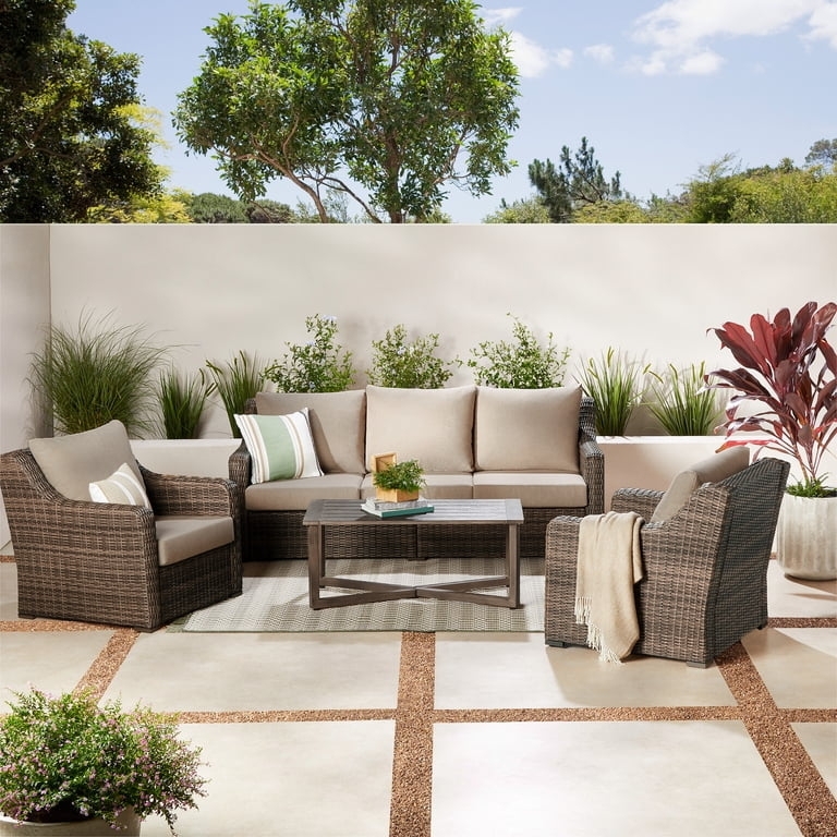 Transitional Outdoor Seating Set 4-Piece Woven Wicker Slatted Table