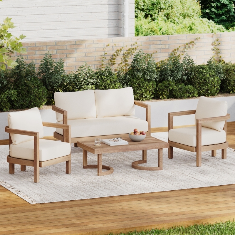 Transitional Slat Back Wood Patio Conversation Set Beige Cushions