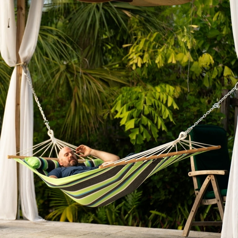 Tropical Garden Hammock, Green Quilted Seat, Decorative White Fringe