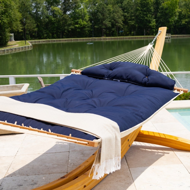 Tufted Hammock, Navy Blue Fabric, Spreader Bars for Backyard Relaxation Idea