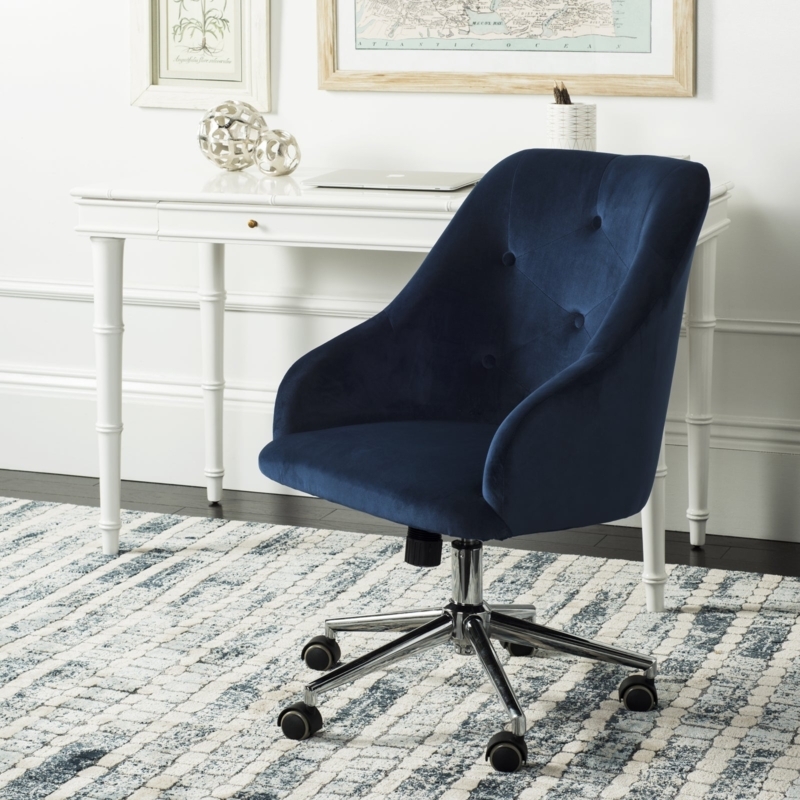 Tufted Office Chair Navy Blue Velvet Diamond Pattern Polished Chrome Base