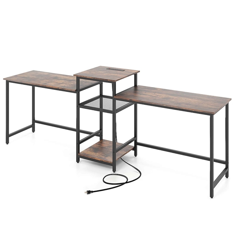 Two Person Desk Central Divider Shelf Integrated Power Printer Stand