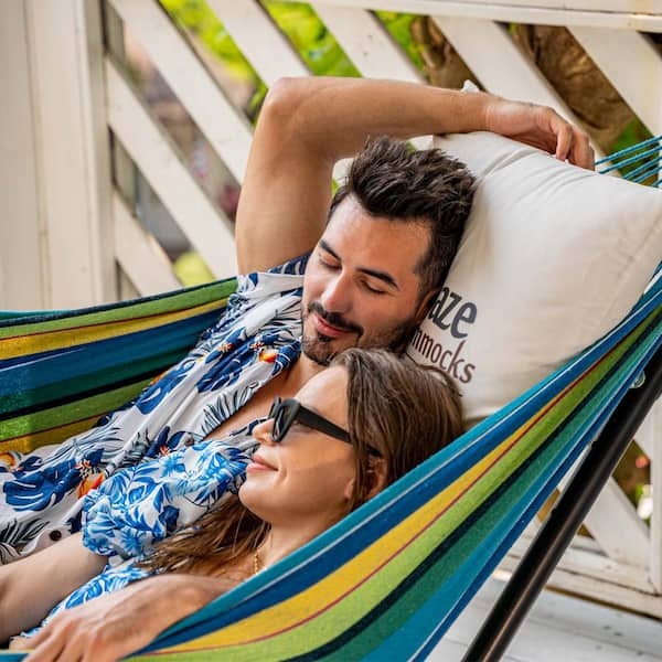 Two Person Hammock, Green Stripes, Curved Steel Stand for Portable Backyard Set
