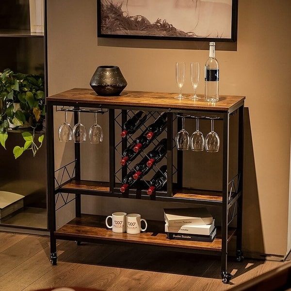 Two Tier Bar Cart Dark Wood Black Metal Wine Rack Casters