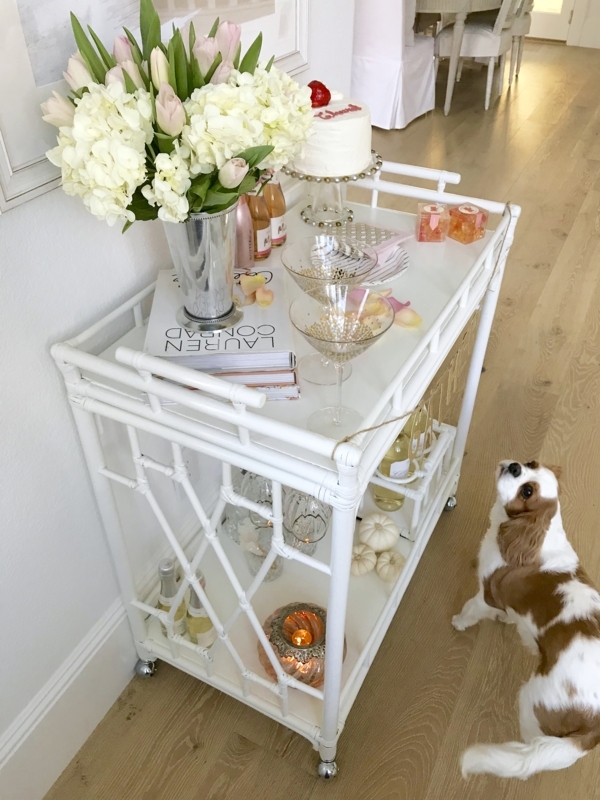 Two-Tier White Bar Cart with Gold Casters, Glam Home Bar Setup