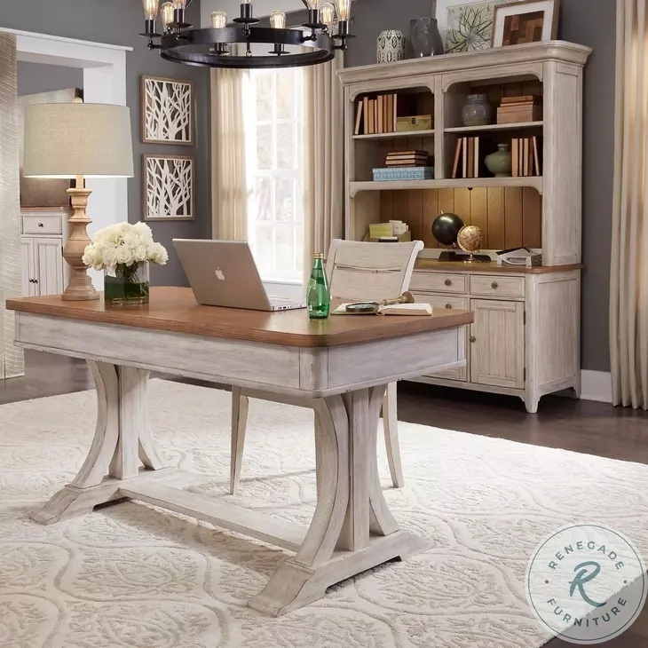 Two-Tone Distressed Writing Desk, Antique White & Chestnut