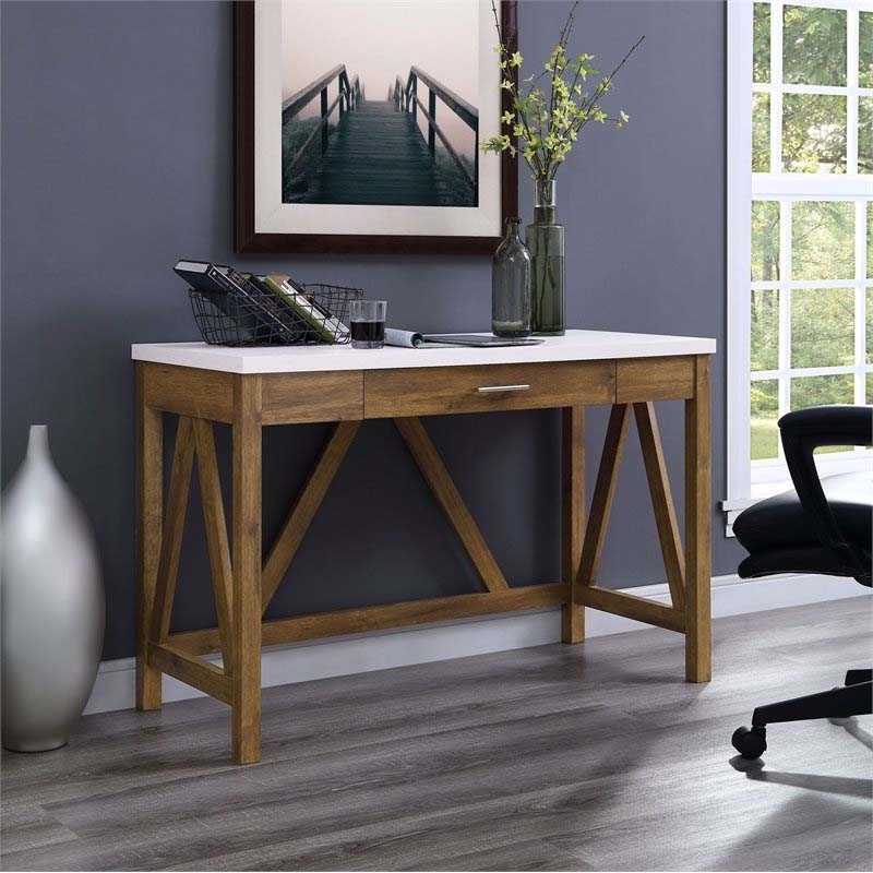 Two Tone Home Office Desk with X-Frame Base and Side Drawer