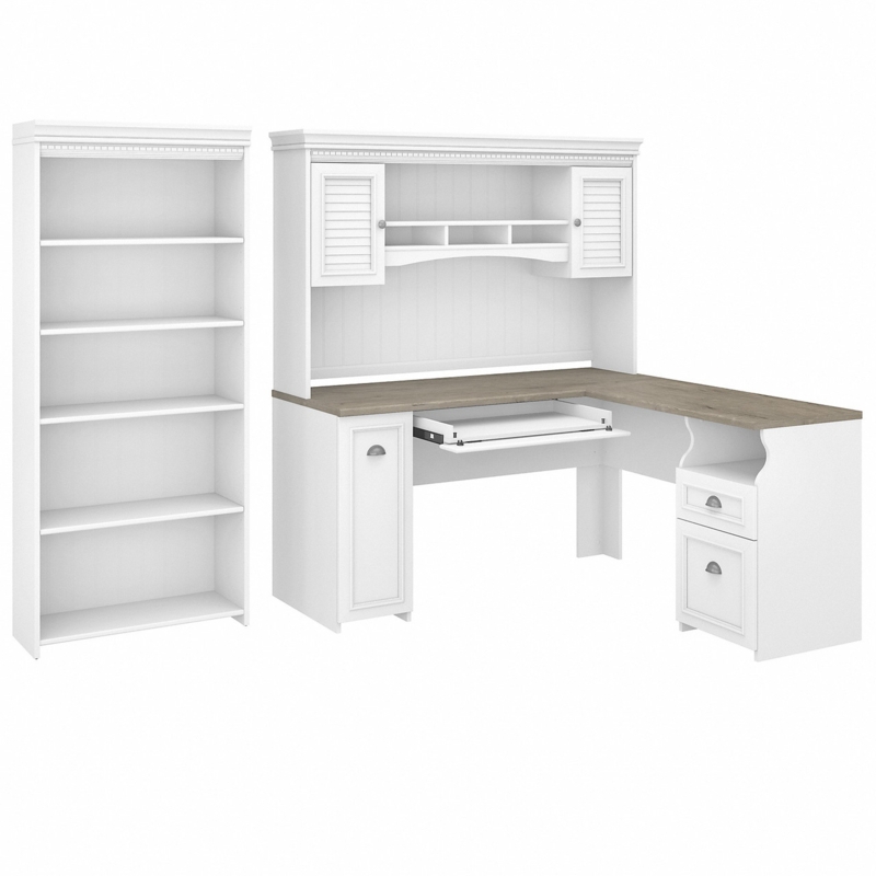 Two-Tone L-Shaped Office Set with Hutch, Bookcase & Shiplap Gray Top.