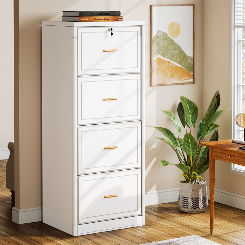 Two-Tone Vertical File Cabinet, White and Light Wood, Minimalist Office Storage Solution