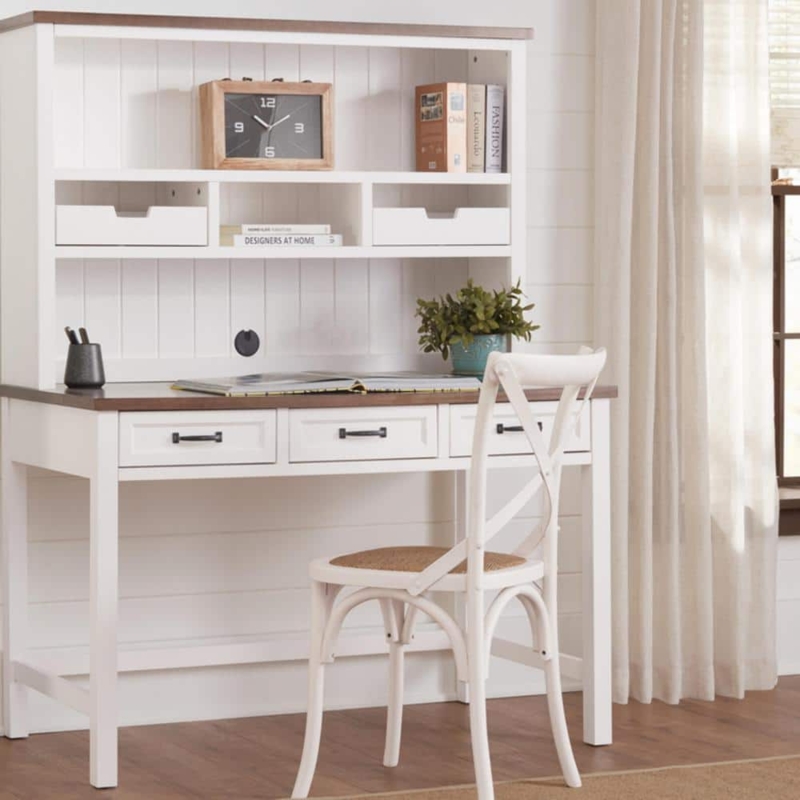 Two-Tone Writing Desk with Hutch, White and Wood Finish