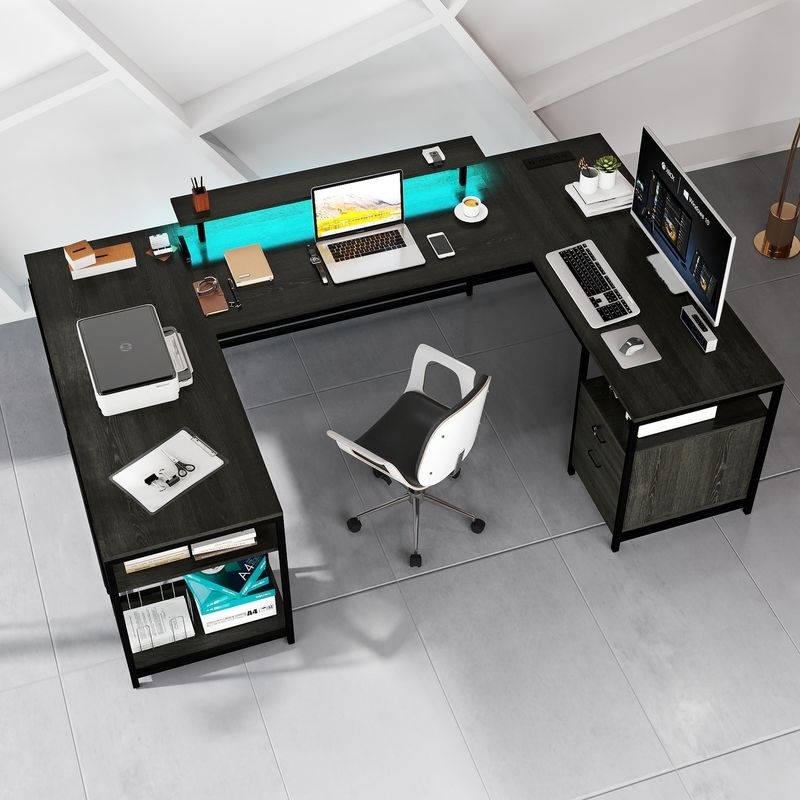 U-Shaped Corner Gaming Desk with Built-In LED Lighting & Monitor Riser