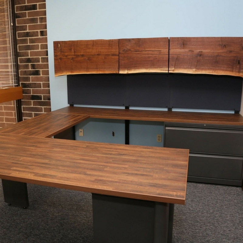 U-Shaped Desk Industrial Walnut Finish with Wraparound Surface