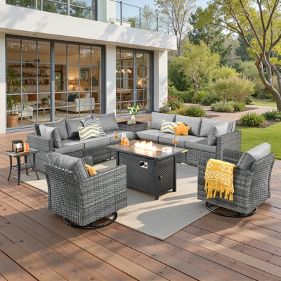 U-Shaped Patio Conversation Set, Espresso Wicker with Light Grey Cushions