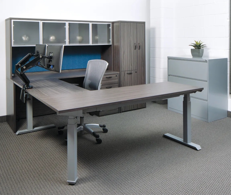 U-Shaped Standing Desk with Height-Adjustable Bridge and Credenza