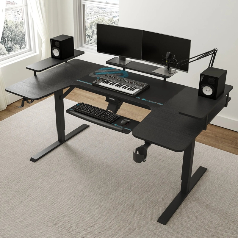 U-Shaped Standing Desk with Integrated LEDs and Oak Surface