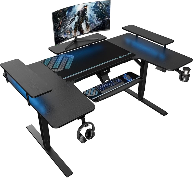 U-Shaped Standing Gaming Desk, Black Carbon Fiber with RGB LED Shelves