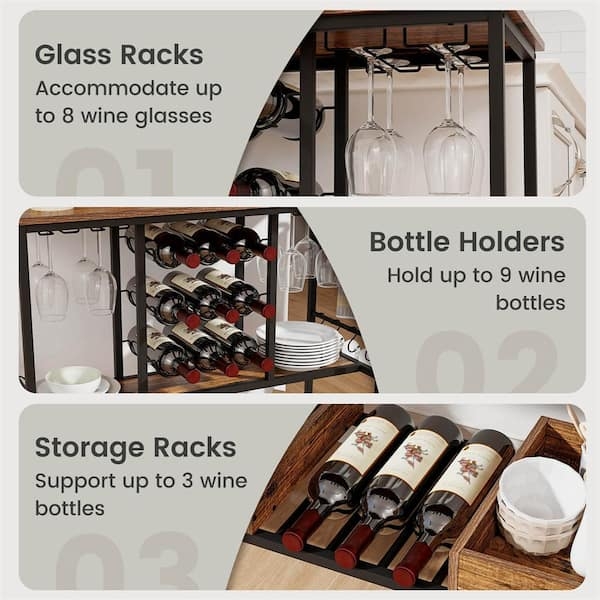 Utilitarian Bar Cart Rustic Brown Circular Bottle Holders Stemware