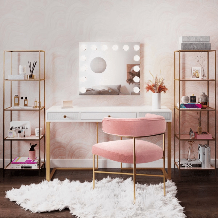 Vanity Desk White Glam Gold X-Base Geometric Drawer Fronts