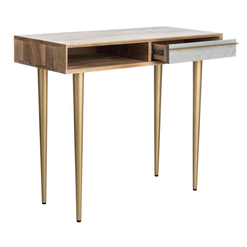 Vanity Desk White Lacquer Gold Metal Legs X Frame Base Single Drawer