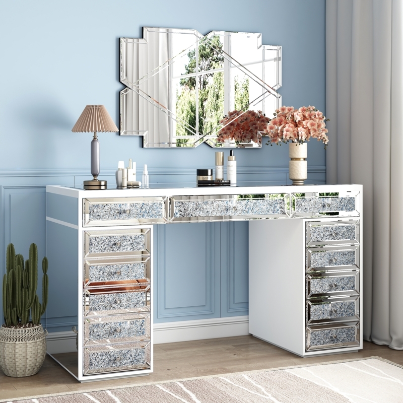 Vanity Desk with Thirteen Drawers and Crushed Glass Inlay