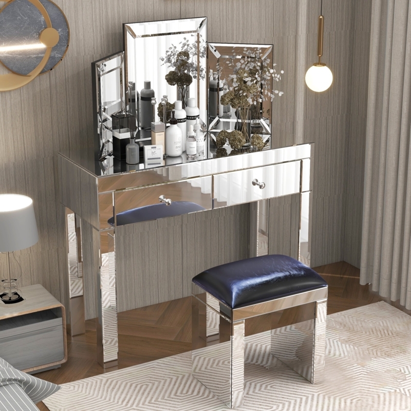 Vanity Set Mirrored Finish Two Drawers Round Mirror Crystal Knobs