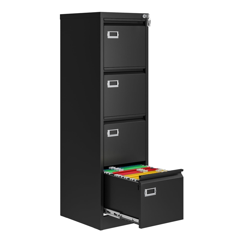 Vertical File Cabinet Black Metal Four Drawer Lockable Storage