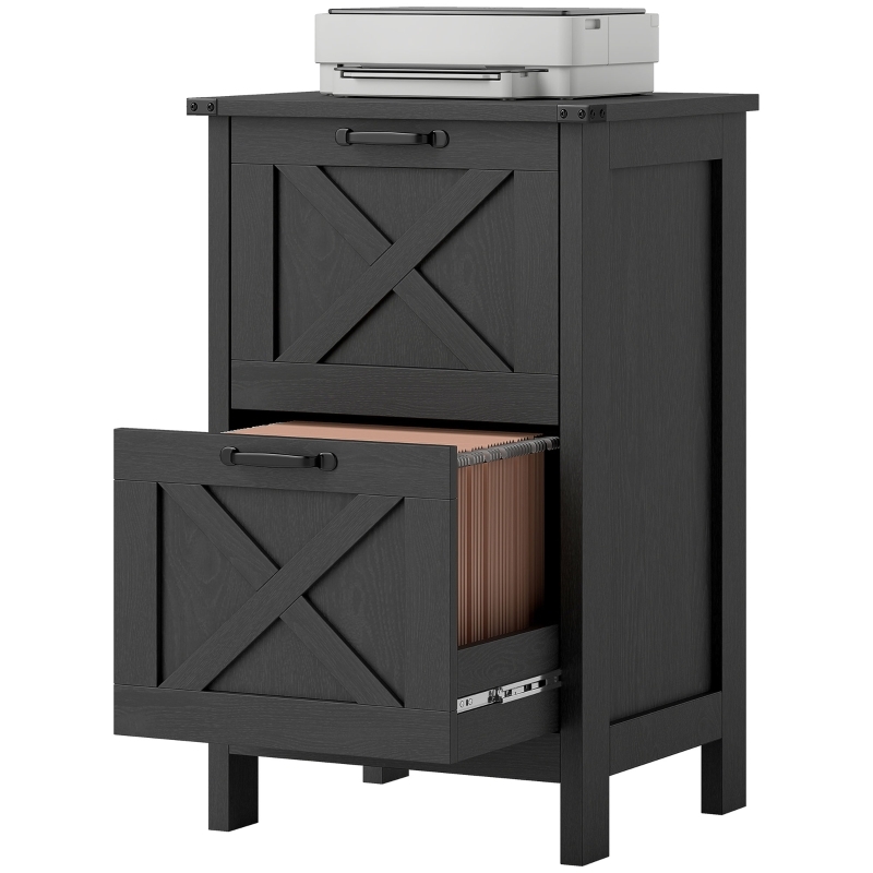 Vertical File Cabinet with Label Holders, Distressed Black & Wood Top