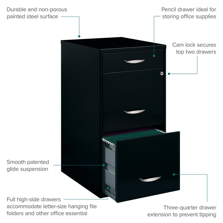 Vertical Filing Cabinet, Black, Pencil Drawer, Locking, Minimalist Storage.