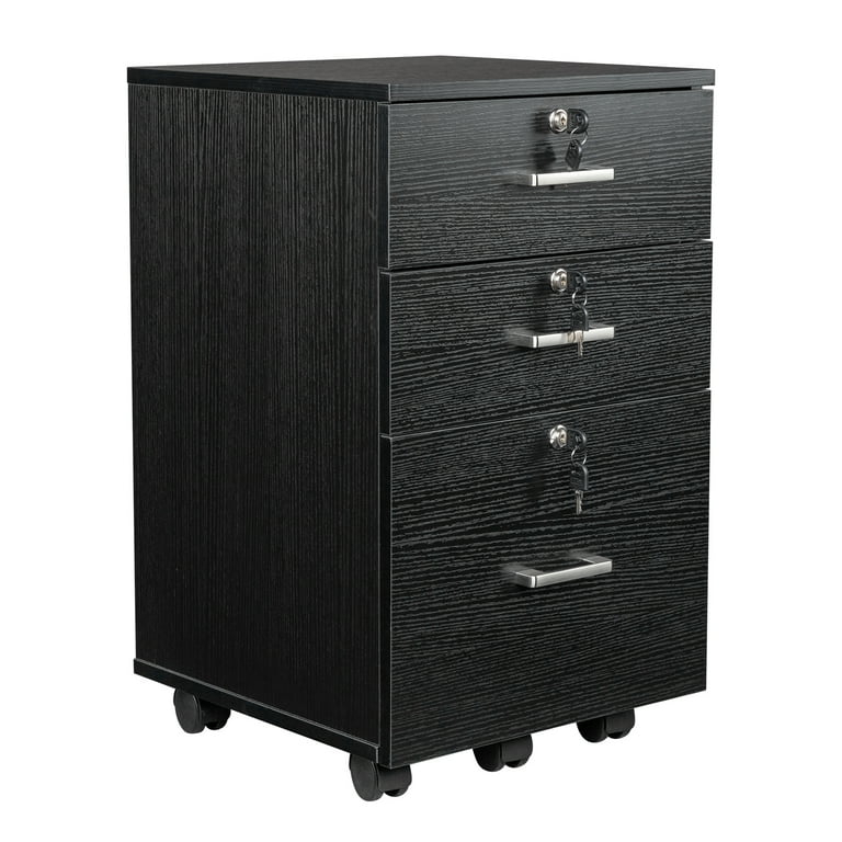 Vertical Filing Cabinet Black Three Drawers Locking Top Rolling